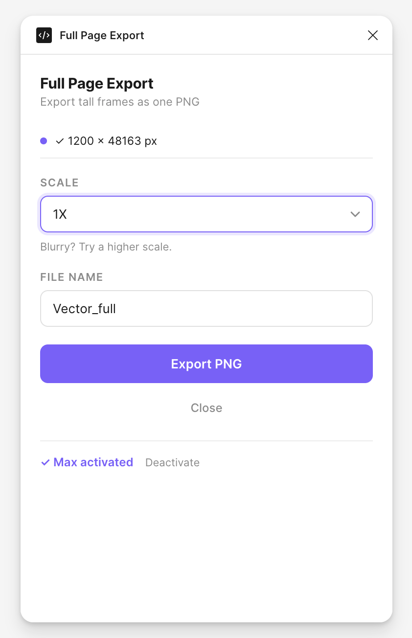 The Full Page Export panel: selected frame size, scale, file name, export button and license status