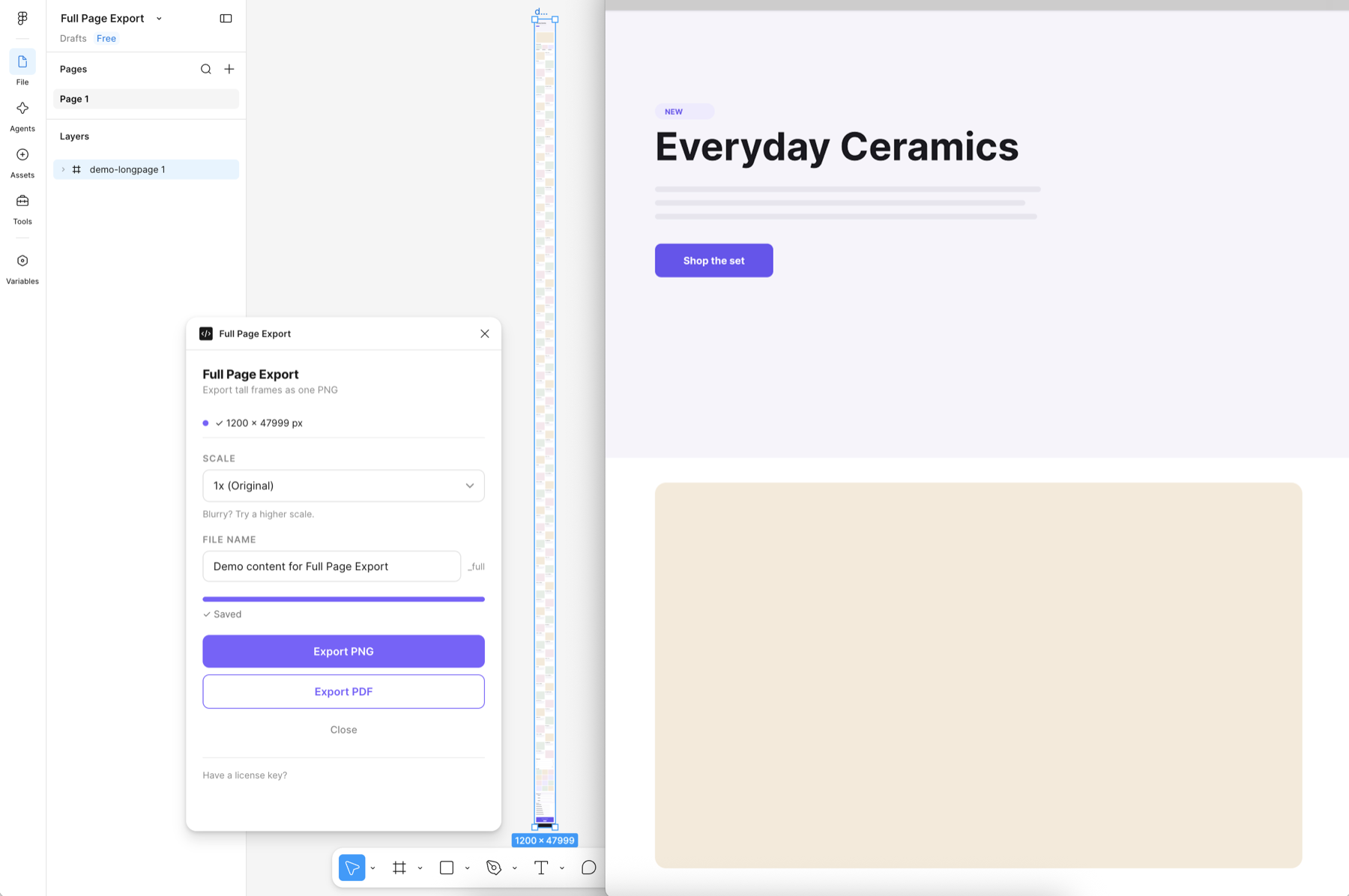 Full Page Export running in Figma on a frame measuring 1200 by 47,999 pixels